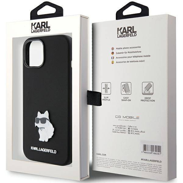 Karl Lagerfeld Choupette Metal Pin-Hülle aus Silikon für iPhone 15 Plus / 14 Plus – Schwarz