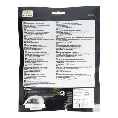 Kabel HDMI - HDMI High Speed HDMI Cable with Ethernet wer. 2.0 długość 1,5m BLISTER