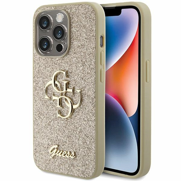 Guess Glitter Script Big 4G Hülle für iPhone 15 Pro – Gold