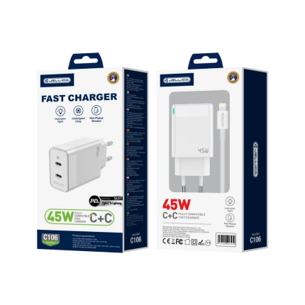 JELLICO wall charger C106 GaN PD 45W 2xUSB-C + cable USB-C - Lightning White