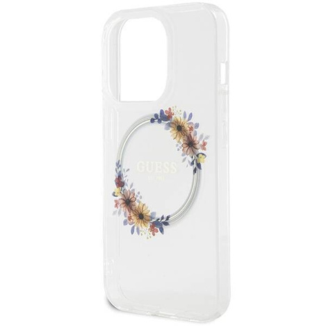 Oryginalne Etui GUESS Hardcase GUHMP15XHFWFCT do iPhone 15 Pro Max (Kompatybilny z Magsafe / Flowers Wreath / transparent)