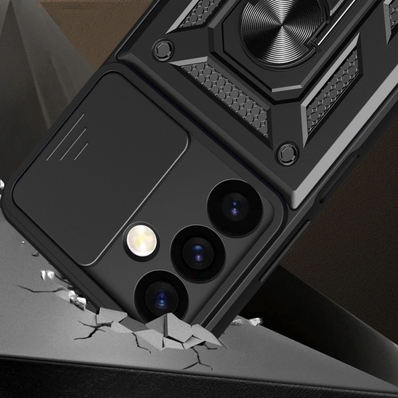 Hybrid Armor Camshield Panzerhülle für Samsung Galaxy S24 mit Kameraabdeckung – Schwarz