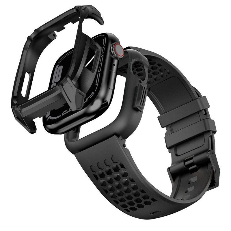 Kingxbar CYF148 2in1 Rugged Case for Apple Watch SE, 6, 5, 4 (44 mm) Stainless Steel with Strap Black