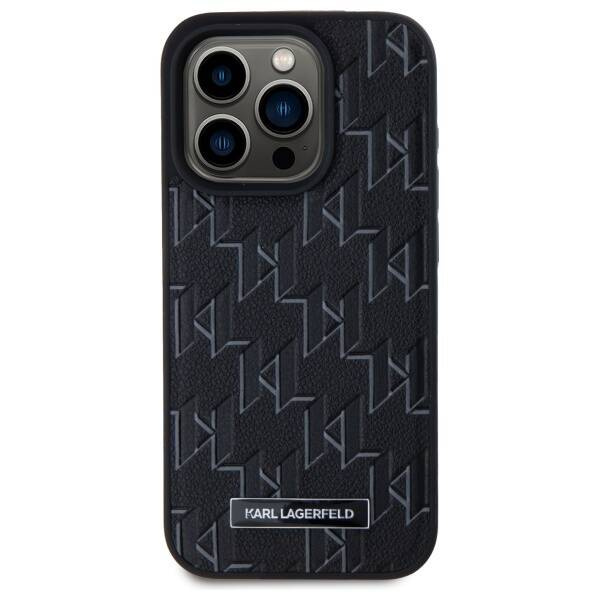 Original Handyhülle IPHONE 15 PRO Karl Lagerfeld Hardcase Leather Monogram Metal Logo MagSafe (KLHMP15LPKHPORPK) schwarz