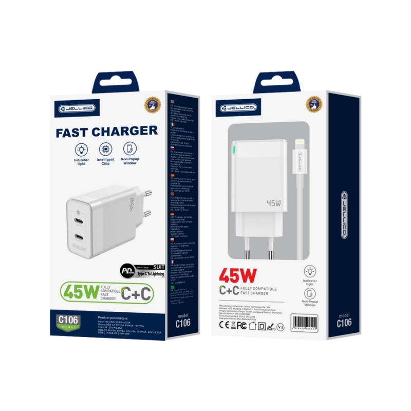 JELLICO ładowarka sieciowa C106 GaN PD 45W 2xUSB-C + kabel USB-C - Lightning Biały