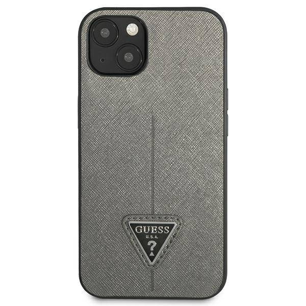 Original Handyhülle IPHONE 14 Guess Hardcase Saffianotriangle Logo (GUHCP14SPSATLG) silber
