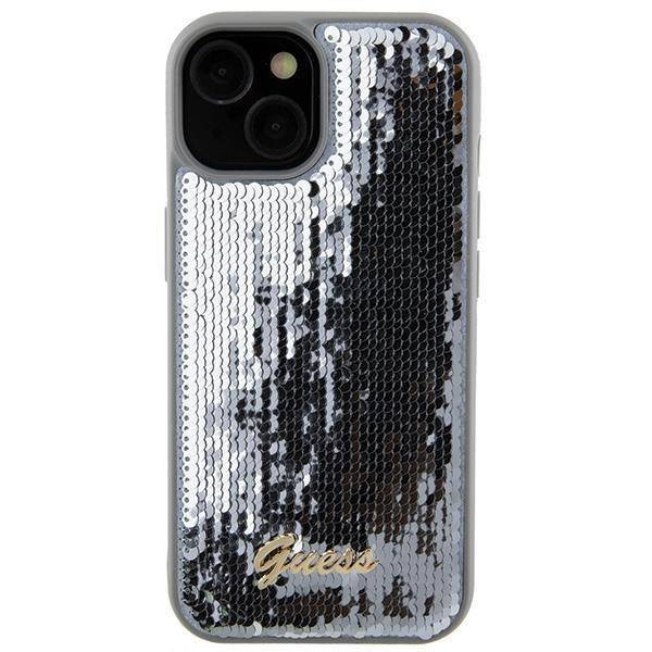 Guess Pailletten-Schriftzug-Metallgehäuse für iPhone 15 – Silber