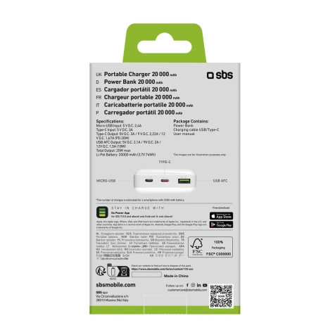 Powerbank SBS TTBB20000PD20W 20000 mAh 20W Power Delivery z MicroUSB, USB-C, USB-A - biały