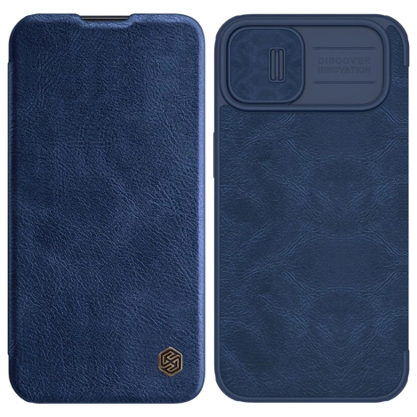 Nillkin Qin Leather Pro Case etui iPhone 14 Plus osłona na aparat kabura pokrowiec obudowa z klapką niebieski