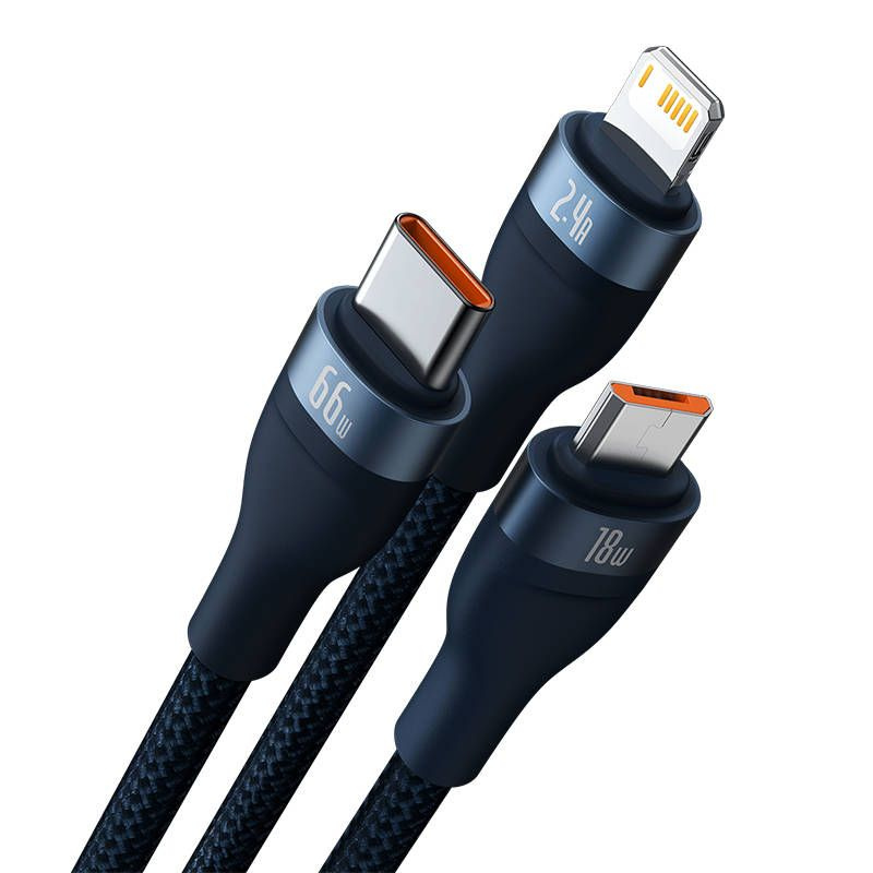 3in1 USB cable Baseus USB 3in1 Baseus Flash Series, USB-C + Micro + Lightning 66W, 1.2m (blue)