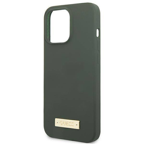 Oryginalne Etui IPHONE 13 PRO MAX Guess Hard Case Silicone Logo Plate MagSafe (GUHMP13XSPLA) zielone