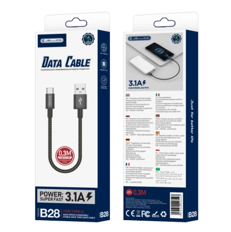 JELLICO kabel B28 USB-C 3.1A 0.3M Czarny