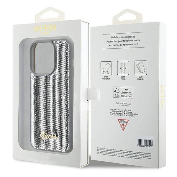 Guess Pailletten-Schriftzug-Metallgehäuse für iPhone 15 Pro Max – Silber