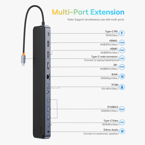 Baseus EliteJoy Gen2 Universal USB HUB 12in1 mit USB-C Kabel 25cm Notebookständer USB-A / USB-C / DP / HDMI / SD / TF / RJ45 / 3,5mm Klinke / PD 100W grau (WKSX030213)