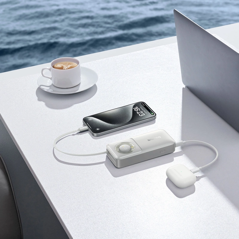 Baseus Free2Pull 10000 mAh 30 W Powerbank mit USB-C-Anschluss und einziehbarem USB-C-Kabel – Grau