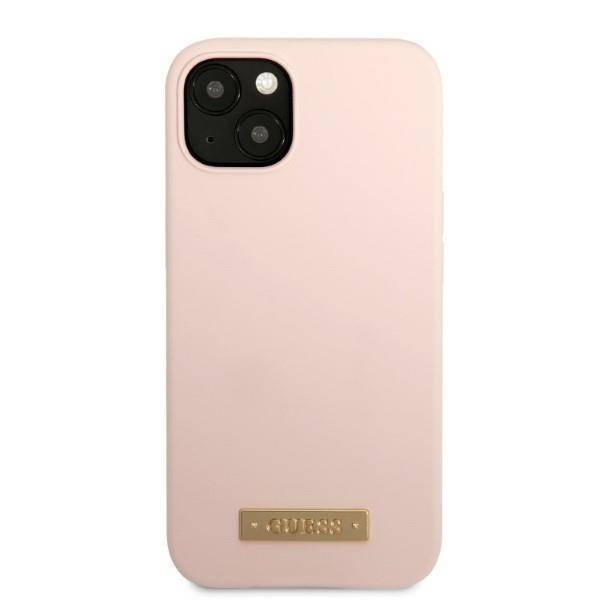 Original Handyhülle IPHONE 13 MINI Guess Hard Case Silicone Logo Plate MagSafe (GUHMP13SSBPLP) rosa
