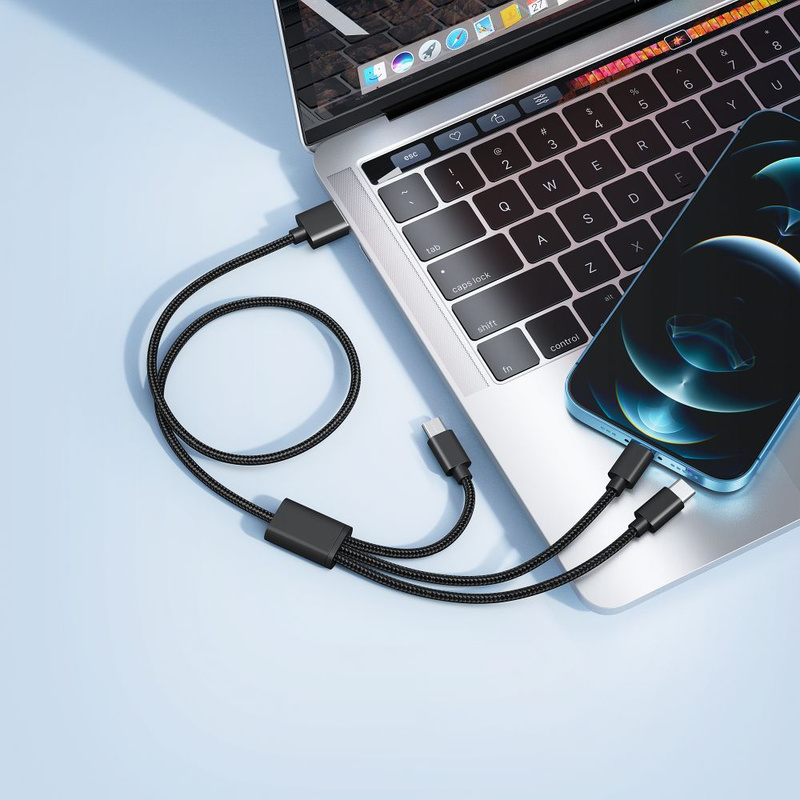 VEGER kabel 3w1 USB do Typ C + Apple Lightning 8-pin + Micro 2A V303 1,2m czarny