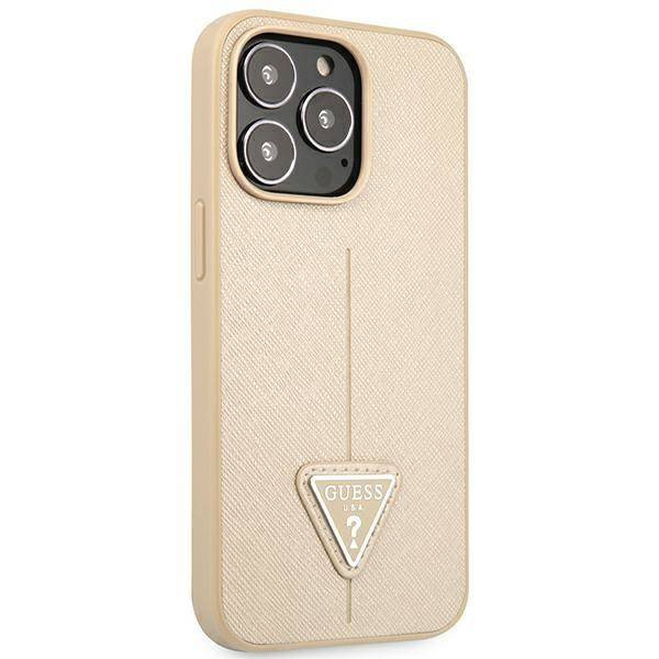 Original Case IPHONE 14 PRO MAX Guess Hardcase Saffianotriangle Logo (GUHCP14XPSATLE) beige