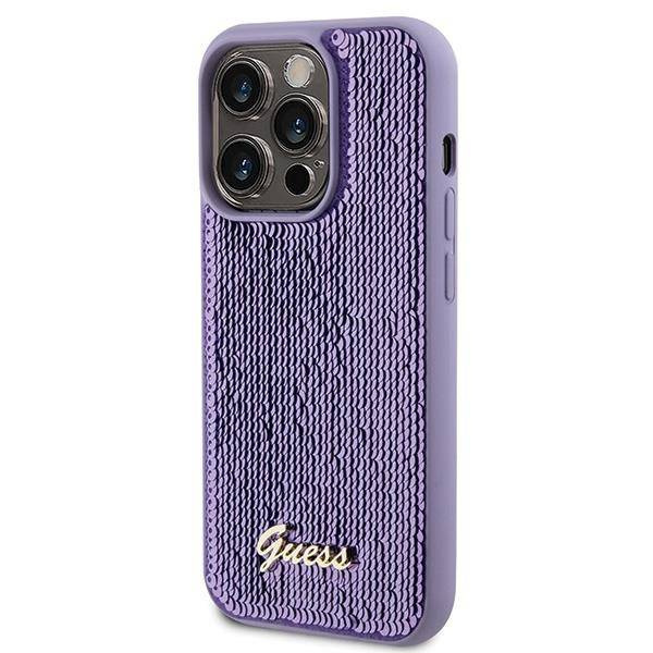 Guess Pailletten-Schriftzug-Metallgehäuse für iPhone 15 Pro Max – Lila
