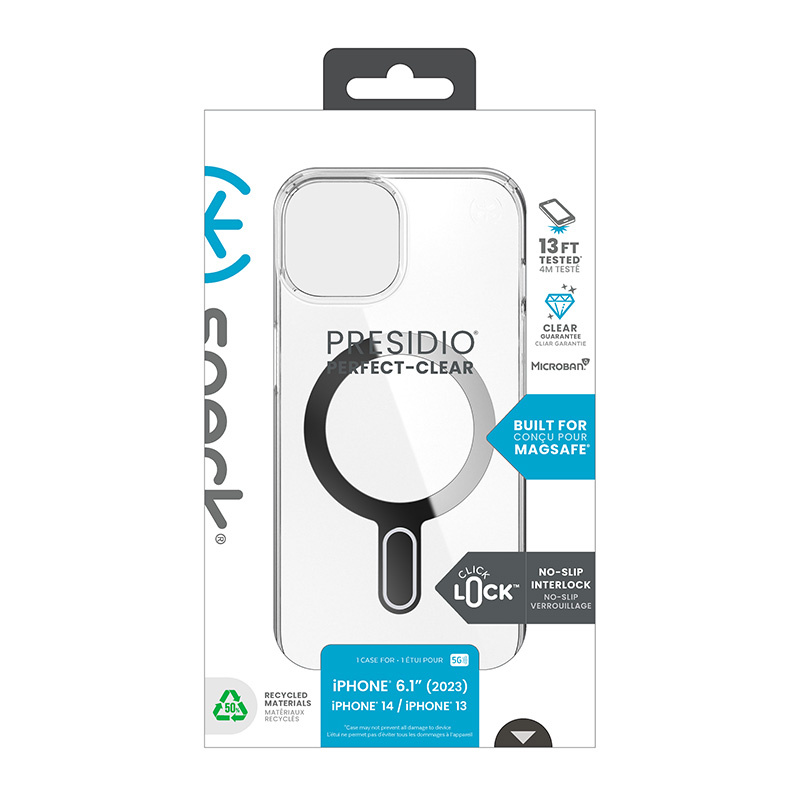Speck Presidio Perfect-Clear ClickLock & Magsafe - Etui iPhone 15 / iPhone 14 / iPhone 13 (Clear / Chrome Finish / Serene Silver)