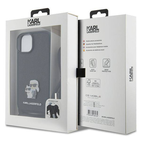 Karl Lagerfeld Crossbody Saffiano Metal Pin Karl &amp; Choupette Hülle für iPhone 15 – Schwarz
