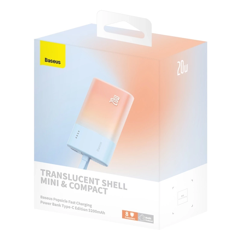 Baseus Popsicle 5200mAh 20W Powerbank with Built-in Lightning Cable (+ White Baseus Simple USB-C - USB-C 60W/20V/3A/30cm Cable) - Blue-Orange