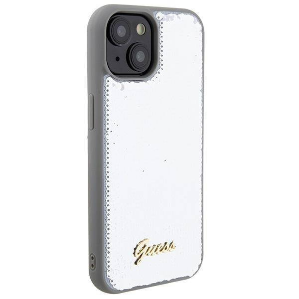 Guess Pailletten-Schriftzug-Metallgehäuse für iPhone 15 – Silber