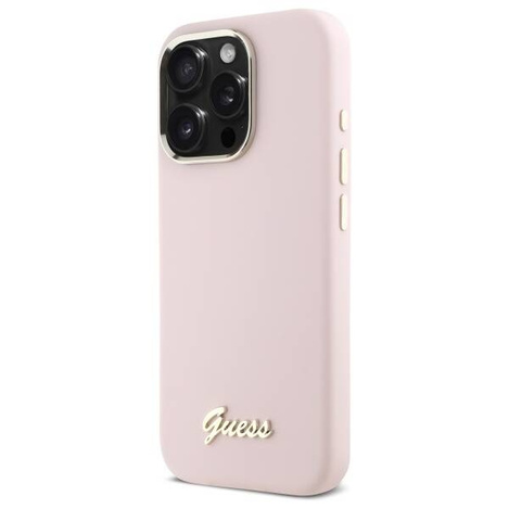 Original Handyhülle IPHONE 16 PRO Guess Hardcase Silicone Script Metal Logo & Frame (GUHCP16LSMBSLP) rosa