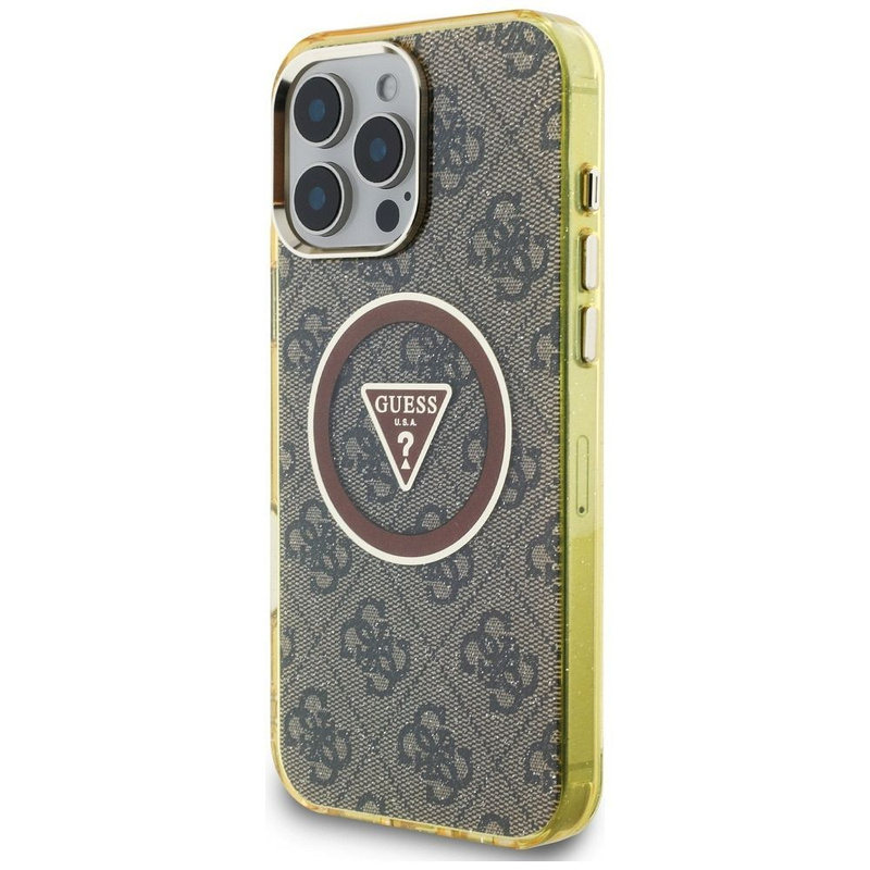 GUESS futerał do IPHONE 16 Pro Max kompatybilny z MagSafe GUHMP16XHG4PRTGW (IML Metal Glitter 4G Circle Triangle) brązowy