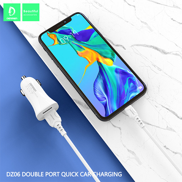 ŁADOWARKA SAMOCHODOWA 3A  + KABEL IPHONE BIAŁA DENMEN 3100mA DUAL FAST CHARGING 2XUSB DZ06L 15W
