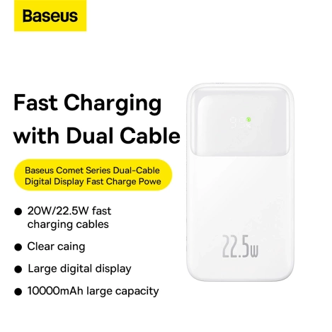 Baseus Comet Series Powerbank mit Display 10000 mAh 22,5 W – weiß + USB-A – USB-C 0,3 m Kabel – weiß