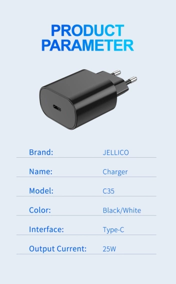 JELLICO ładowarka sieciowa C35 PD 25W 1xUSB-C Czarny