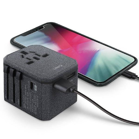 Uniq -Last. Netzwerk. Voyage World Adapter 33W + 2xUSB + PD 18W + QC 3.0 grau/anthrazit (LITHOS Collective)