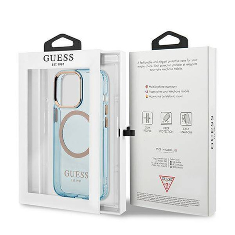 Original Handyhülle IPHONE 13 PRO Guess Hard Case Gold Outline Translucent MagSafe (GUHMP13LHTCMB) blau