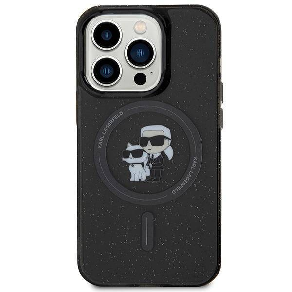 Karl Lagerfeld Karl&amp;Choupette Glitter MagSafe Hülle für iPhone 15 Pro – Schwarz