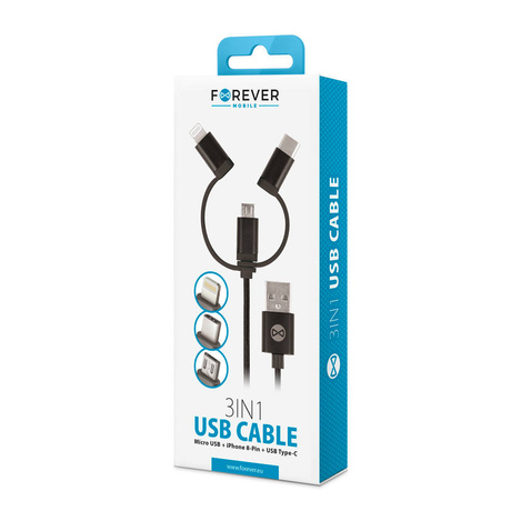 Forever kabel 3w1 USB - Lightning + USB -C + microUSB 1,0 m 1,5A czarny