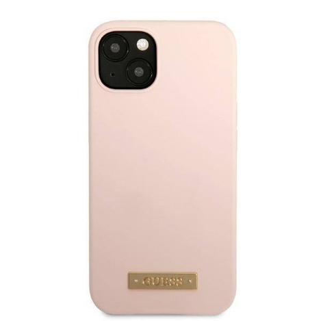 Original Handyhülle IPHONE 13 MINI Guess Hard Case Silicone Logo Plate MagSafe (GUHMP13SSBPLP) rosa