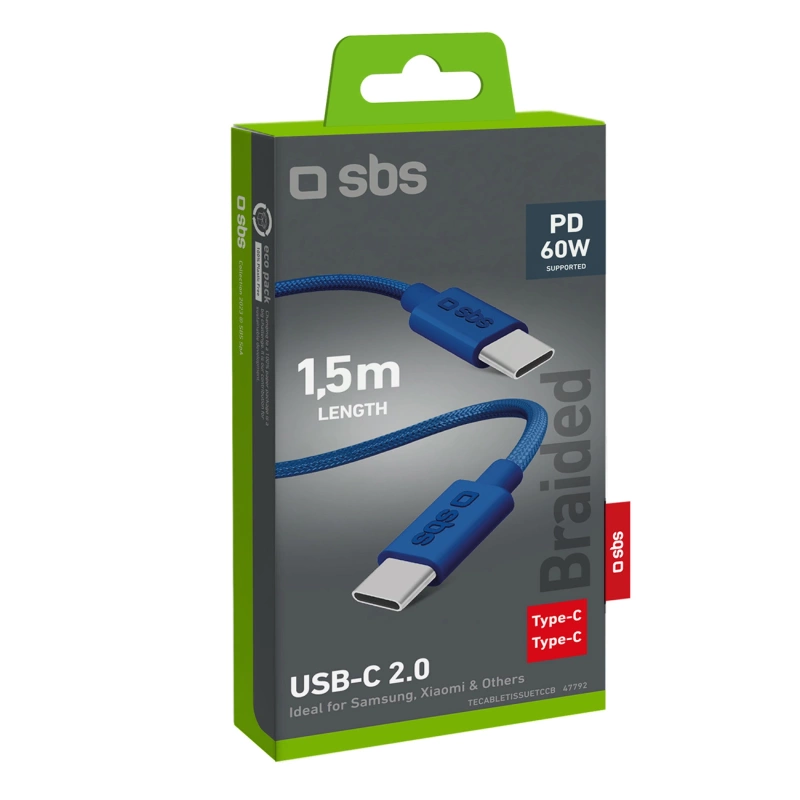 SBS TECABLETISSUETCB USB-C – USB-C-Kabel 1,5 m 60 W geflochten – blau