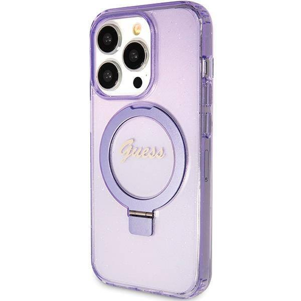Guess Ring Stand Script Glitter MagSafe case for iPhone 15 Pro Max - purple