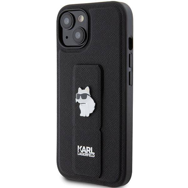Karl Lagerfeld Gripstand Saffiano Choupette Pins Hülle für iPhone 15 Plus / 14 Plus – Schwarz