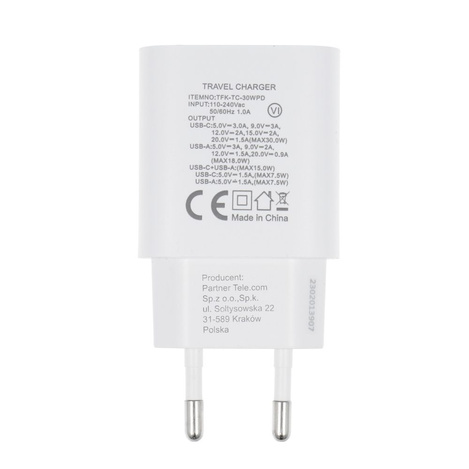 Forcell Ładowarka Sieciowa - 3A 30W z dwoma portami: USB typ C i USB A z ładowaniem PD i QC 4.0