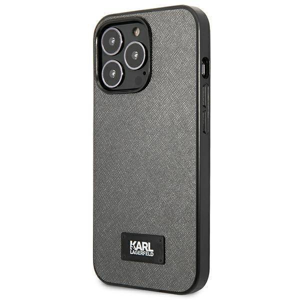 Original Handyhülle IPHONE 13 PRO Karl Lagerfeld Hardcase Saffiano Plaque (KLHCP13LSFMP2DG) silber