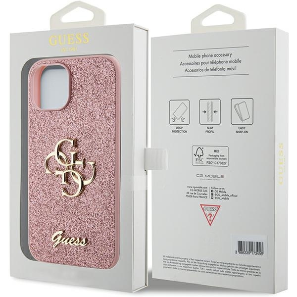 Guess Glitter Script Big 4G Hülle für iPhone 15 – Rosa