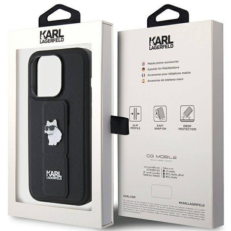 Karl Lagerfeld Gripstand Saffiano Choupette Pins Hülle für iPhone 15 Pro Max – Schwarz