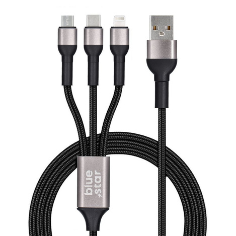 Kabel Blue Star z oplotem 3w1 ze złączami micro USB, USB C i Lightning 3A