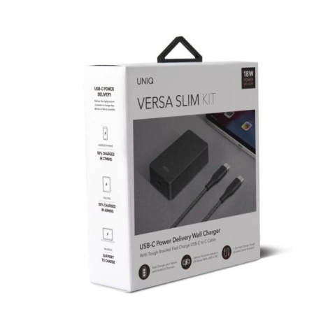 UNIQ Ład. siec. Versa Slim USB-C PD 18W + kabel USB-C na USB-C czarny/charcoal black (LITHOS Collective)