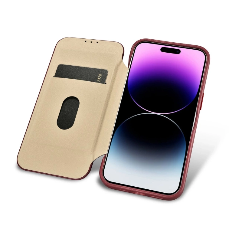 iCarer CE Premium Leather Folio Case skórzane etui iPhone 14 Pro z klapką magnetyczne MagSafe czerwony (WMI14220714-RD)