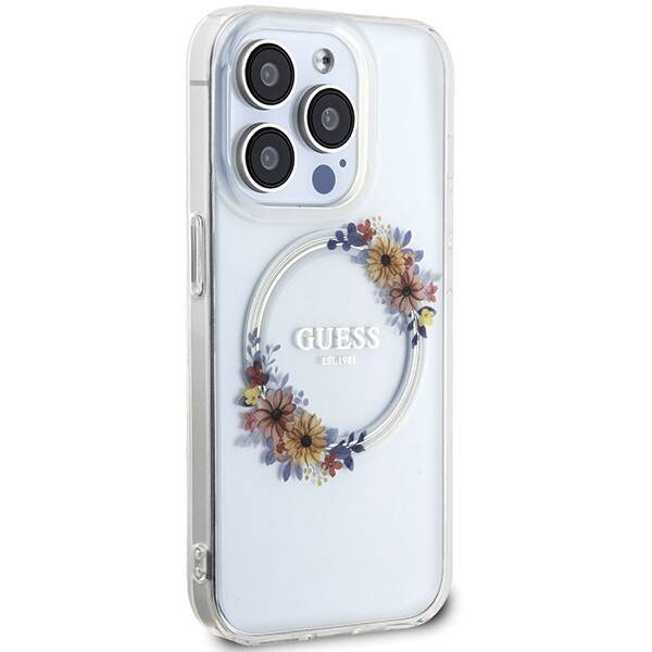 Oryginalne Etui GUESS IML Flowers Wreatch Magsafe GUHMP15LHFWFCT do Iphone 15 Pro przezroczysty