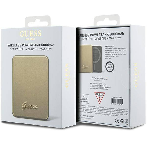 Guess powerbank indukcyjny 15W GUPBM5ALGSGD 5000mAh złoty MagSafe Metal Script Logo
