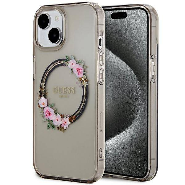 Guess IML Flowers Wreath MagSafe case for iPhone 15 / 14 / 13 - black